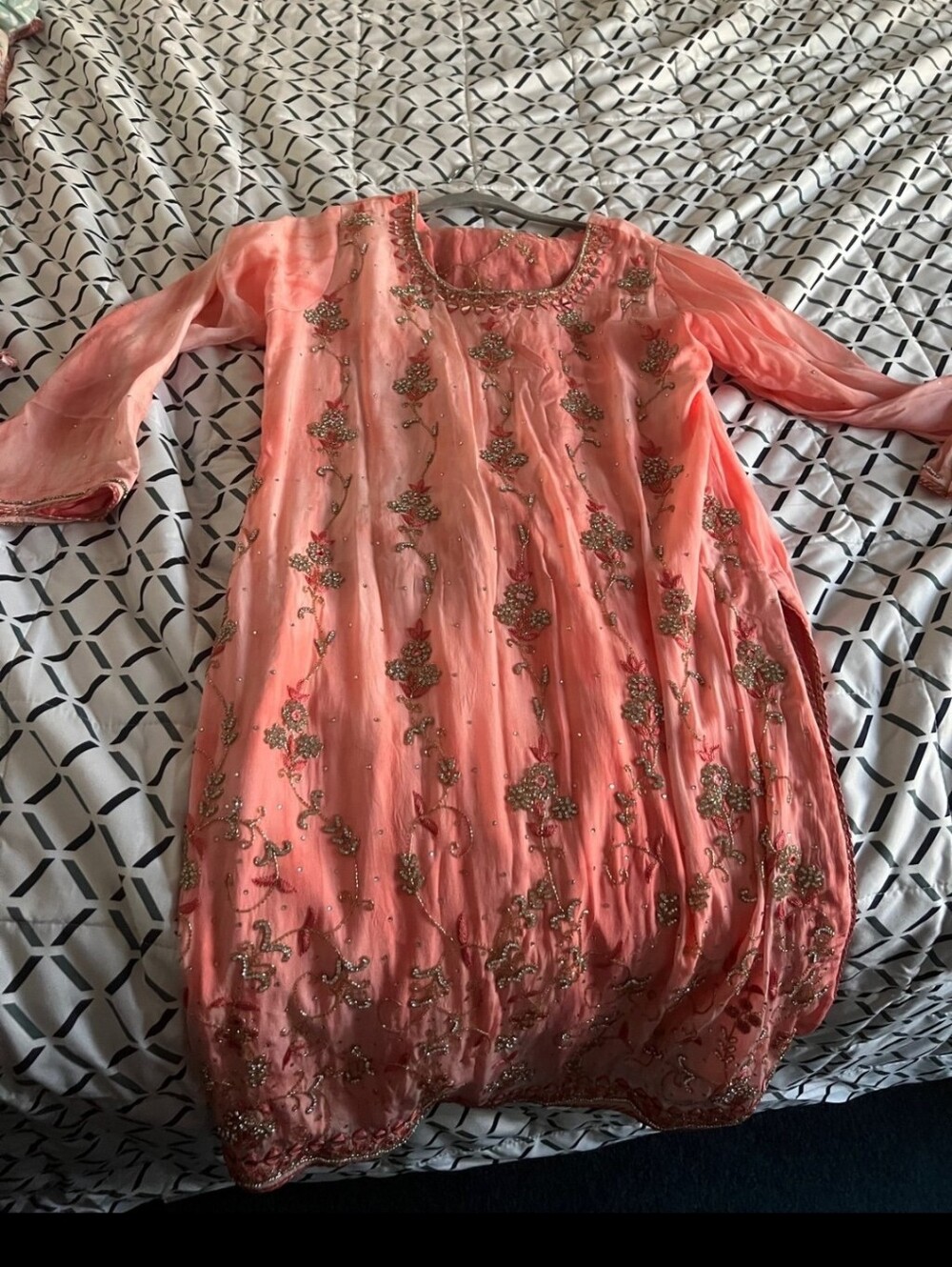 Rhinestone And Mirror Work Coral Salwar Shalwar Kameez - Picture 5 of 11